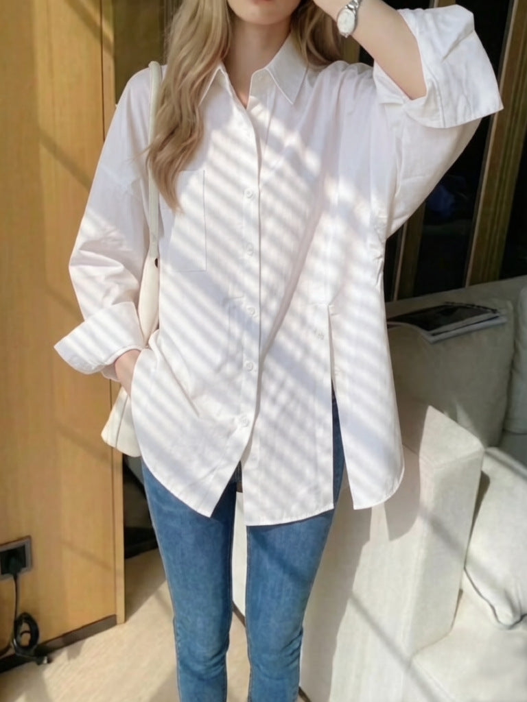 New women's solid color long sleeved shirt with button side slit