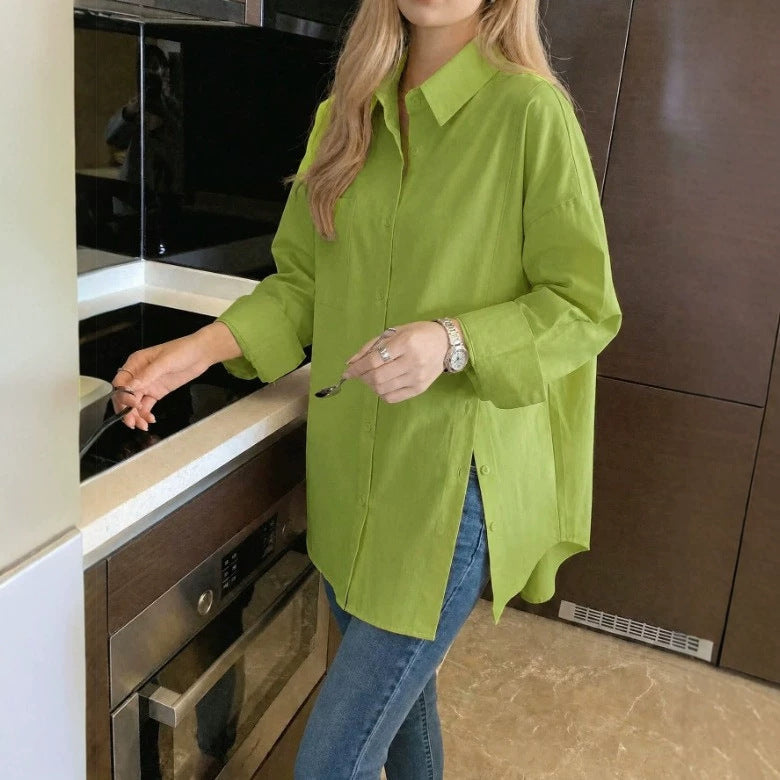 New women's solid color long sleeved shirt with button side slit
