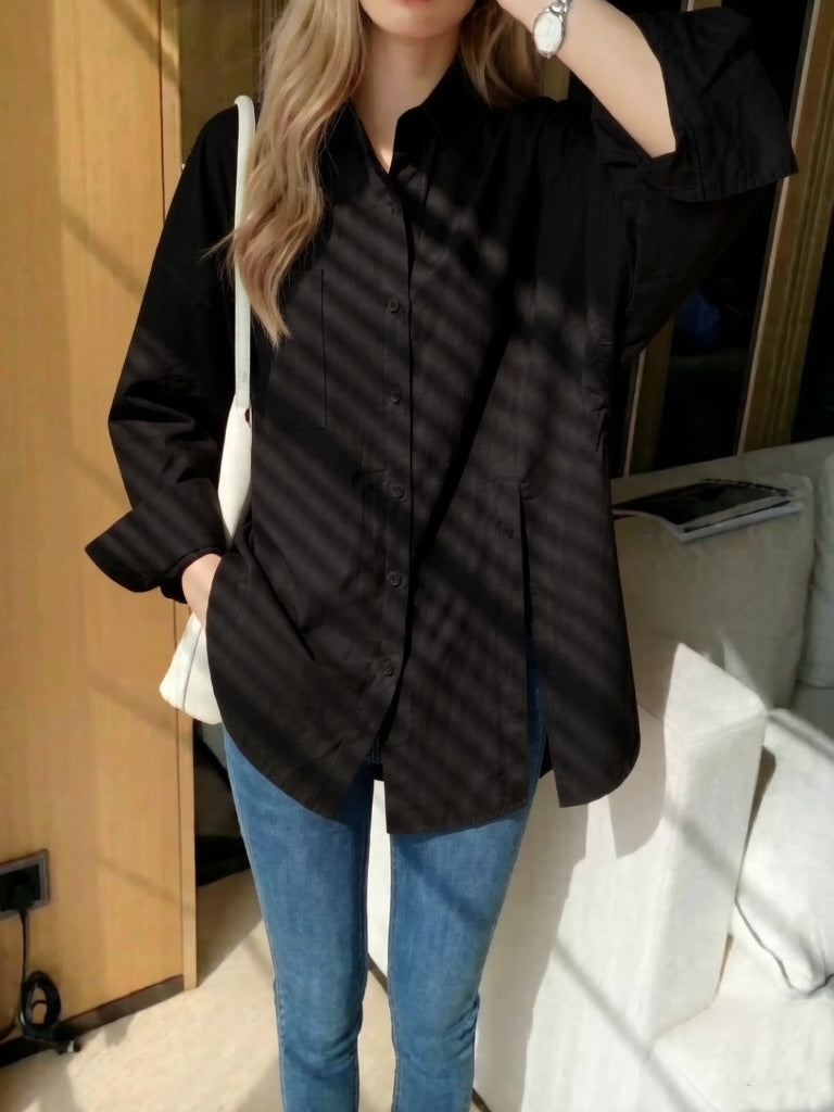New women's solid color long sleeved shirt with button side slit