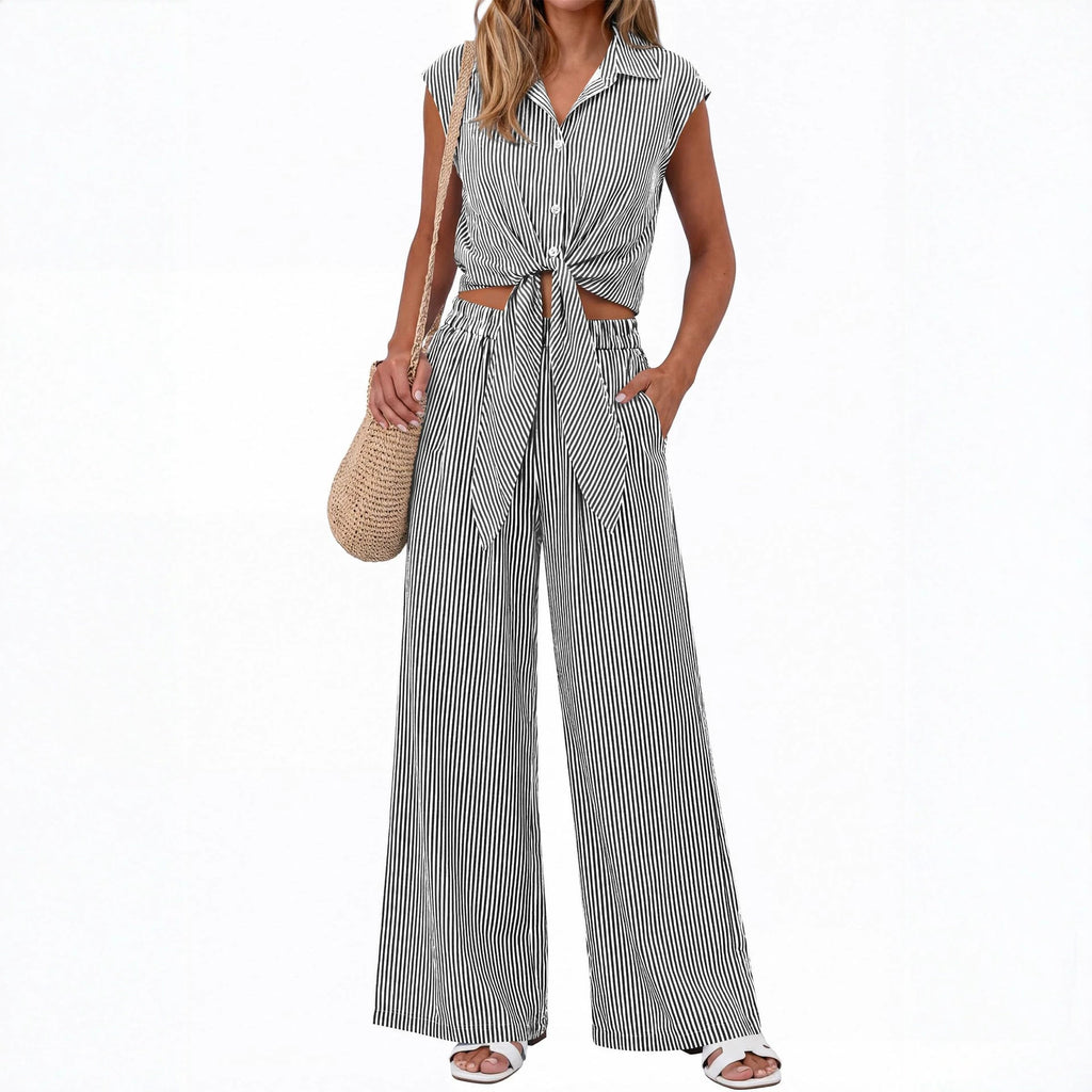 Spring Summer Women's Striped Buttoned Sleeveless Shirt and Pants Set