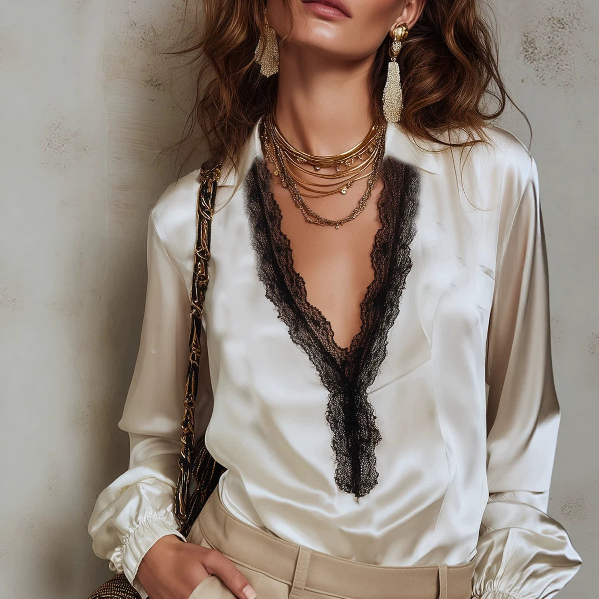 V-neck shirt women's contrasting black lace patchwork lantern long sleeved top