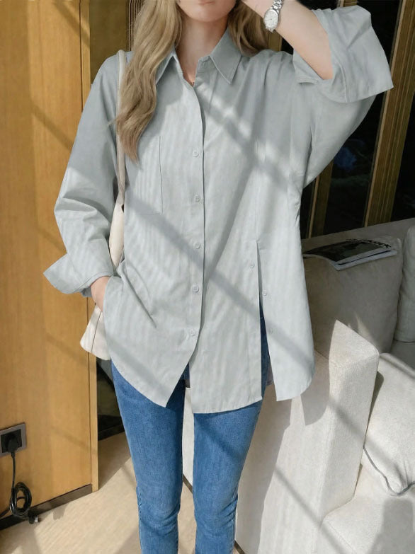 New women's solid color long sleeved shirt with button side slit