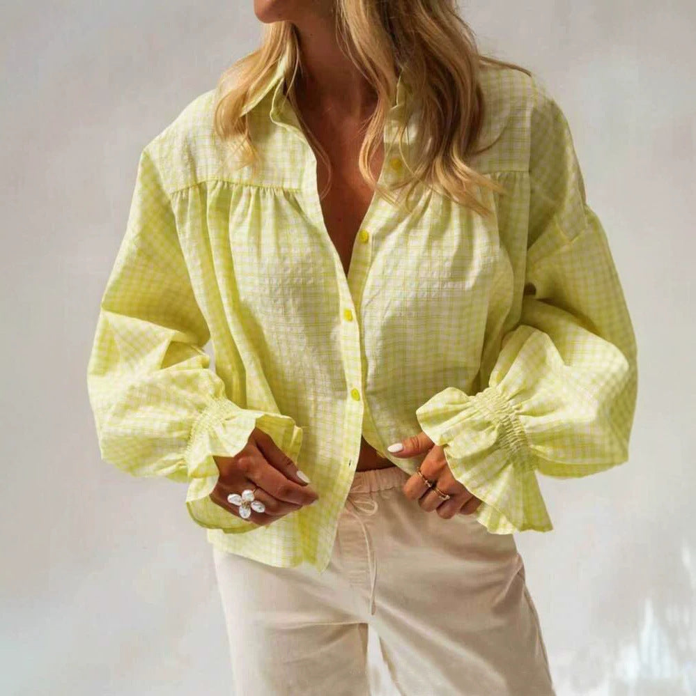 Style new women's flared sleeve plaid long sleeve shirt