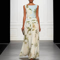 V-neck floral print women's dress sleeveless backless waist cinching long skirt