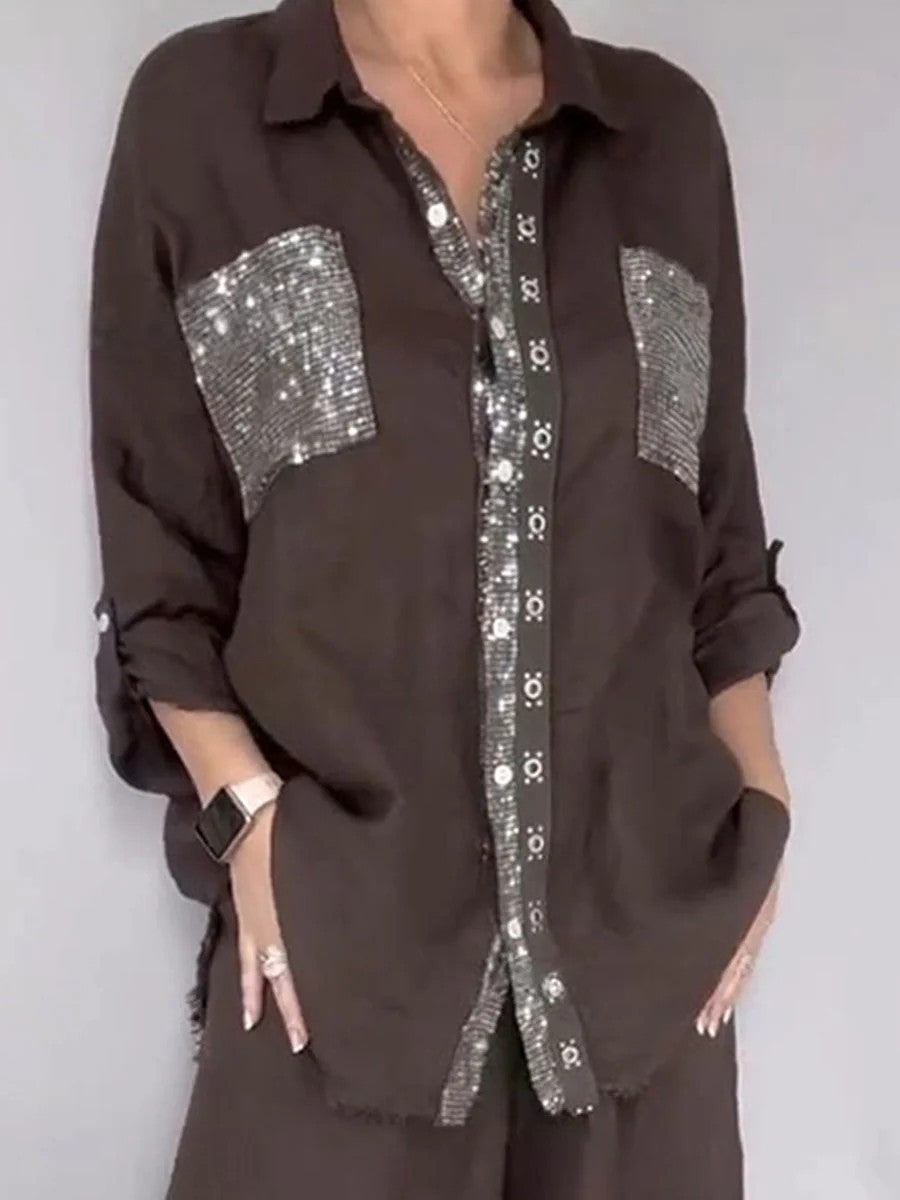 New Fashion Casual Women's Set with Pocket Placket and Gold Embellished Round Neck Design